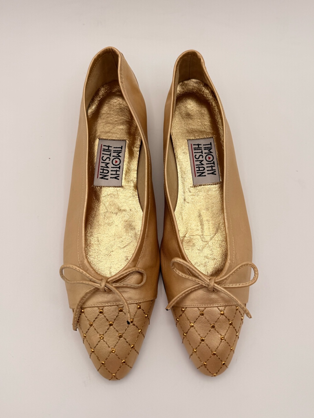TIMOTHY HITSMAN Gold Leather Quilted Ballet Flats Bow Italy Women’s 7.5
